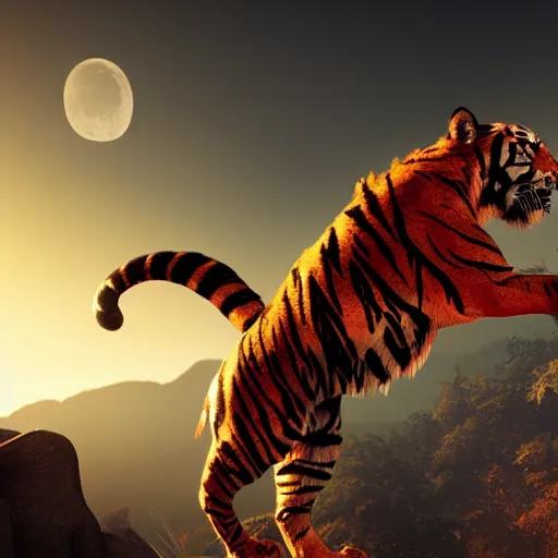 Image similar to a unreal engine scene, tiger of fire flying, full moon, concept art, hyperrealistic, trending on artstation, high quality, highly detailed, path traced, soft lighting, soft colors, digital art, 8 k hdr, octane render, unreal engine 5,