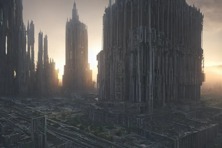 Image similar to an enormous, extremely detailed cathedral of brutalist architecture, covered with greebles, stunning volumetric light, sunset, metal, concrete and translucent material, stunning skies, majestic landscape, trending on Artstation, 8k, photorealistic, hyper detailed, unreal engine 5, IMAX quality, cinematic, epic lighting, in the style of Greg Rutkowski