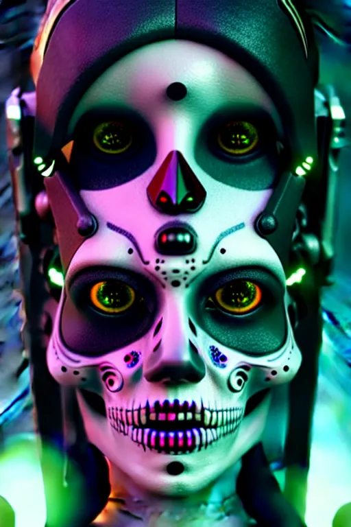 Image similar to ultra detailed, portrait of Female Android, dia de los muertos, scifi, cyberpunk, fantasy, octane render, intricate details, eerie, movie still, artstation, concept art, smooth, sharp focus, no blur, no dof, Unreal Engine 5, Photorealism, HD quality, 8k resolution, cinema 4d, 3D, beautiful, cinematic, art by artgerm and Godmachine and michael welan and DZO and greg rutkowski and alphonse mucha and loish and WLOP