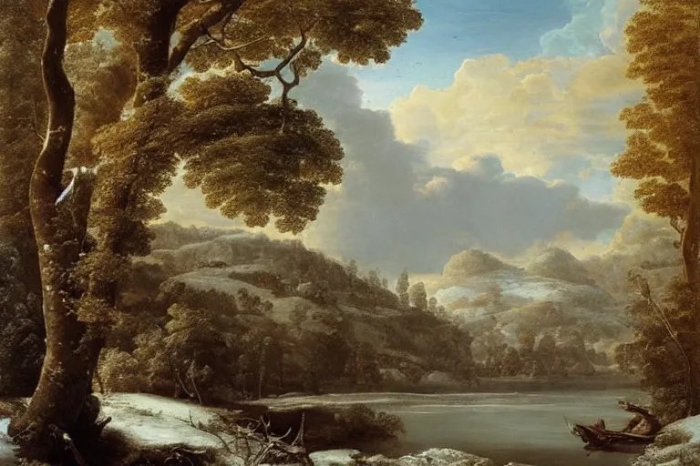 Prompt: beautiful landscape with winter and lake and tropical trees, mythology, fantasy, landscape background, vivid colors, digital painting, very detailed, realistic, high quality, by claude lorrain