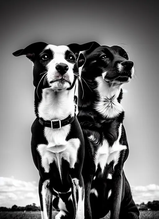 Image similar to two dogs black and white portrait white sky in background