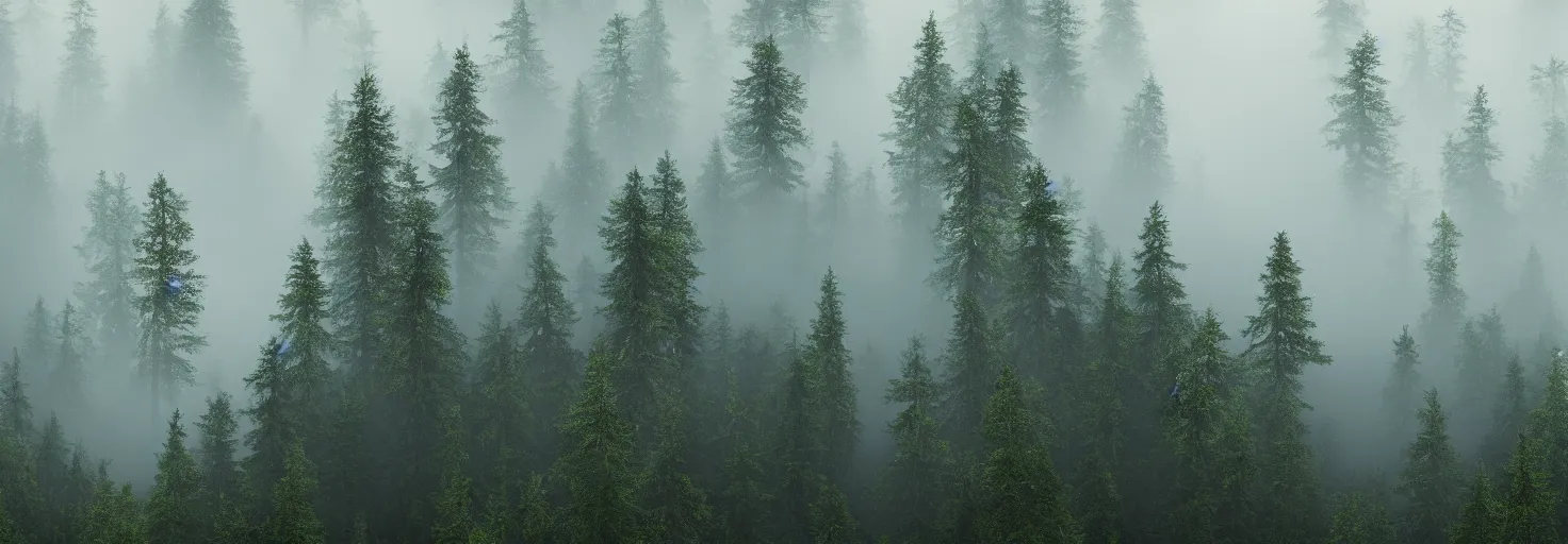 Image similar to A forest shot by high angle with big trees and fog by paul chadeisson, cinematic lighting, extremely detailed, ultra realistic, trending on artstation, 8K