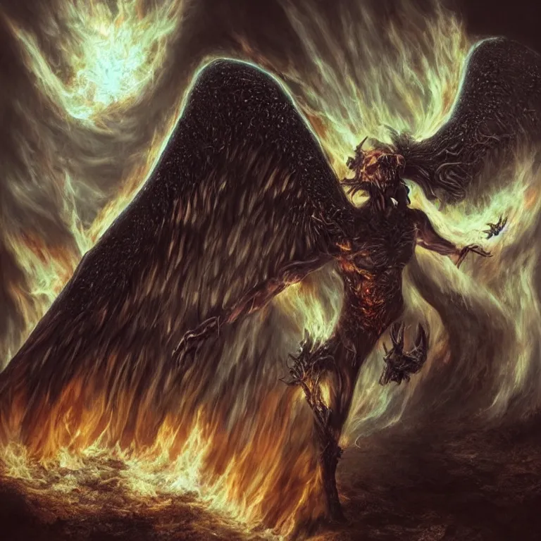 Image similar to a demon with huge nacreous fire wings, realistic horrors, cosmic dark vibes evil incarnate, photo pic by hyperrealism