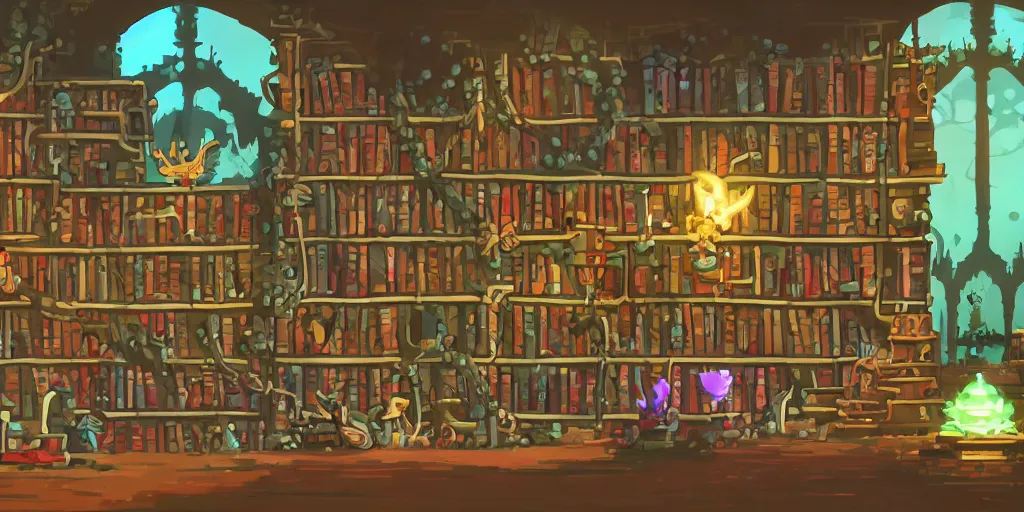 Prompt: several books in a shelf organized inside a castle. game assets ,Ori and the blind forest, SOTN, wonder boy, dead cells, hollow knight Portrait of a ilvolxanic lava in a side scrolling game, inside a castle library, castle library, loot of books, Neon Lights, Subject in Middle, Rule of Thirds, 4K, Retrofuturism, Studio Ghibli, Simon Stålenhag