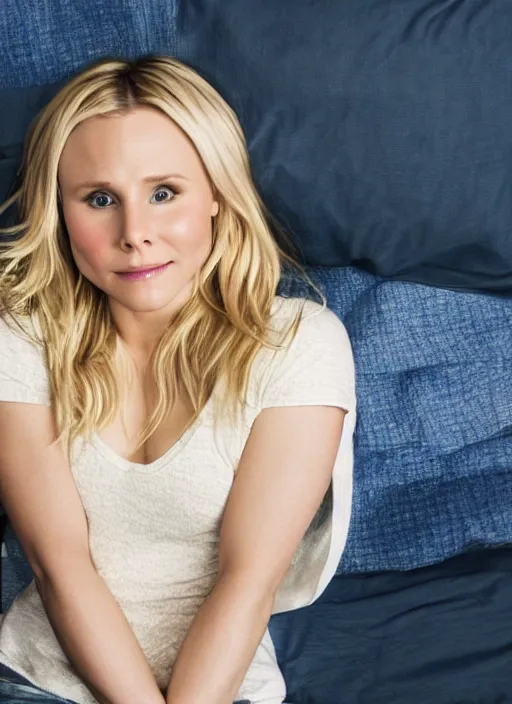 Prompt: kristen bell on my bed looking at me, through my eyes, first person view, my pov, on my bed