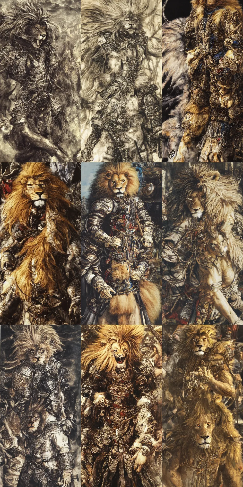 Image similar to 8 k yoshitaka amano painting of upper body of a young cool looking lion beastman with white mane at a medieval market at windy day. depth of field. he is wearing complex fantasy clothing. he has huge paws. renaissance style lighting.