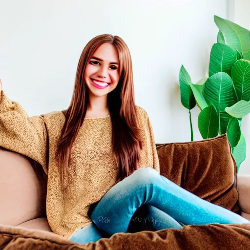 Image similar to a cute young woman smiling, long shiny bronze brown hair, full round face, green eyes, medium skin tone, light cute freckles, smiling softly, wearing casual clothing, relaxing on a modern couch, interior lighting, cozy living room background, medium shot, mid-shot, soft focus