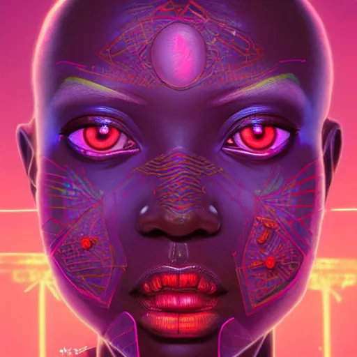 Image similar to african neon necromancer, science fiction, highly detailed, digital painting, beautiful eyes, symmetry, concept art, sharp focus, illustration, global illumination, radiant light, synthwave colors, detailed and intricate environment, art by artgerm and greg rutkowski and magali villeneuve and ilya kuvshinov!