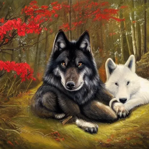 Prompt: a majestic large black wolf with red eyes curled around a small, fragile and cute white rabbit lovingly to protect it from the dangerous forest that is all around them, oil painting, award winning, 4k, high quality, high detail