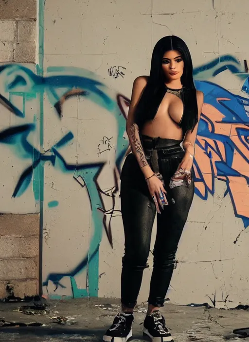 Image similar to film still portrait of kylie Jenner doing a graffiti mural, derelict house, cinematic lighting, cinematic, close rear pov,