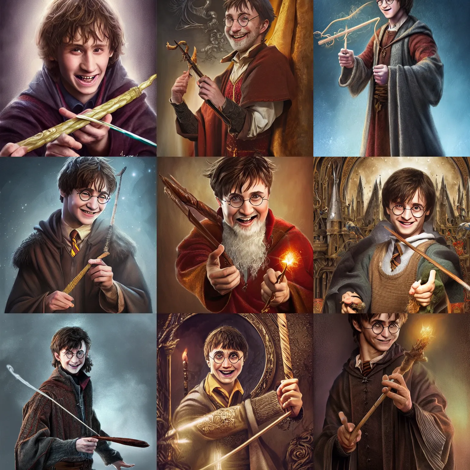 Prompt: Very very very very highly detailed epic central composition studio photography of Harry Potter smiling holding a wizard wand, intricate, medieval, extremely detailed, digital painting, artstation, concept art, smooth, sharp focus, illustration, studio lighting, incredible art by Anna Dittmann and Anton Pieck