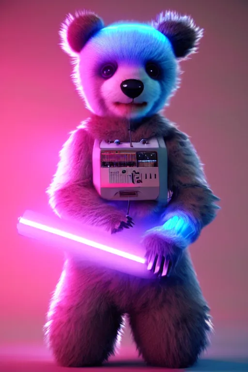 Prompt: high quality 3 d render very cute fluffy cyberpunk bear! plays electric guitar, cyberpunk highly detailed, unreal engine cinematic smooth, in the style of blade runner & detective pikachu, hannah yata charlie immer, moody light, low angle, uhd 8 k, sharp focus