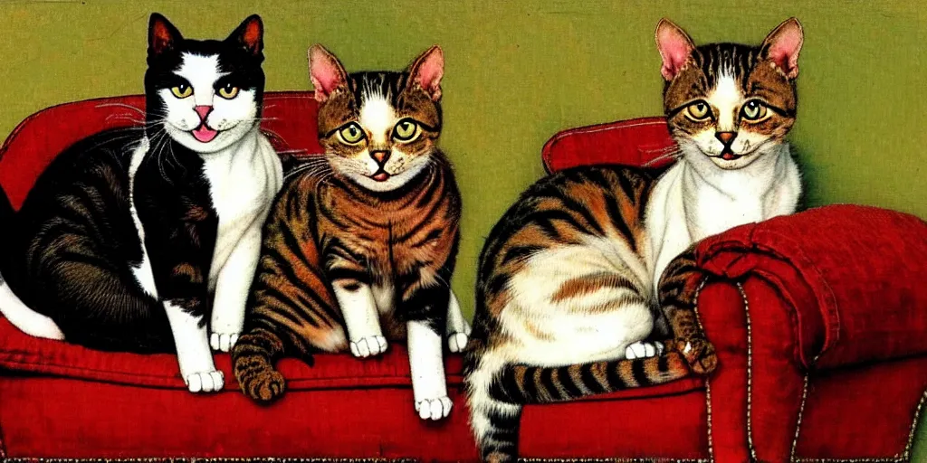 Prompt: two cats on an old armchair, style of norman rockwell