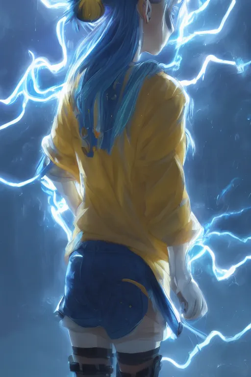 Image similar to anime young girl with yellow ponytail and blue hairtie wearing white and blue long jacket in a confident stance surrounded by lightning streaks, wlop, concept art, digital painting, trending on artstation, highly detailed, epic composition, 8 k uhd