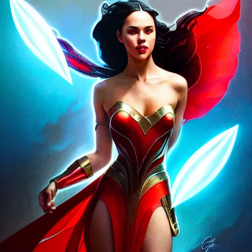 Image similar to catriona gray as darna, volumetric lights, red and cyan theme, art nouveau botanicals, intricate, highly detailed, digital painting, artstation, concept art, smooth, sharp focus, cinematic, illustration, beautiful face, art by artgerm and greg rutkowski and alphonse mucha