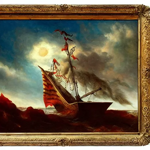 Image similar to a pirate cat sails his ship toward the gathering storm on the horizon, oil on canvas, 1 8 8 3, highly detailed