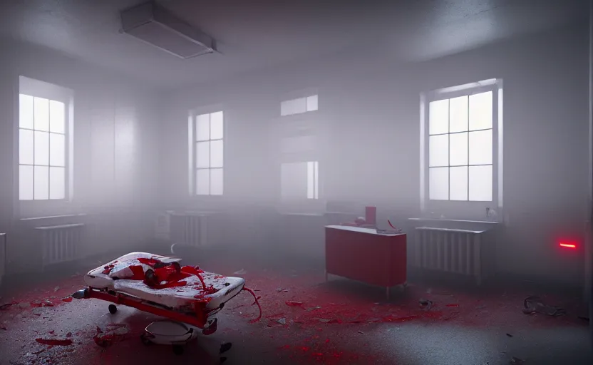 Prompt: an abandoned hospital room with red ceiling lighting and several blue lights on the walls, gloomy and foggy atmosphere, octane render, artstation trending, horror scene, highly detailded