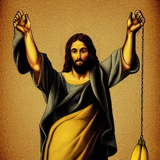 Image similar to jesus lifting a banana up into the air, digital art