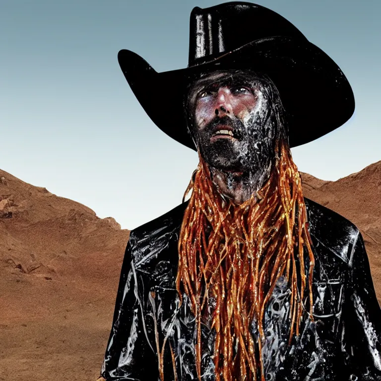 Image similar to 1 9 7 0's spaghetti western film octane render portrait by wayne barlow and carlo crivelli and glenn fabry, a man wearing a shiny black latex suit and cowboy hat covered in colorful slime, standing in a scenic western landscape, cinema 4 d, ray traced lighting, very short depth of field, bokeh