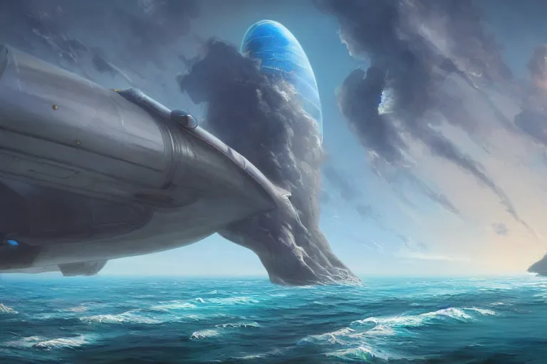 Image similar to ocean, science - fiction, rocket ship, beautiful matte painting, boris vallejo, unreal engine, artstation.