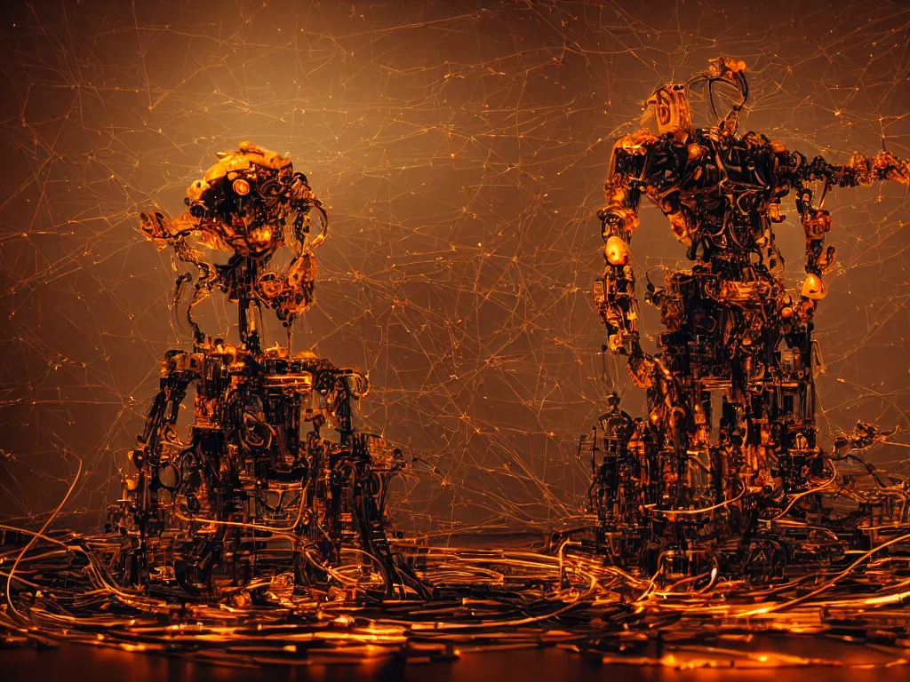 Image similar to a baroque machine, robot god constructed out of modular synthesizer components sits upon a throne cables, wires and discarded components in vast hall, macro photography, long exposure photograph, surrealism, anamorphic bokeh, warm, soft light, orange and teal, caustic, atmospheric fog, octane render, cinematic