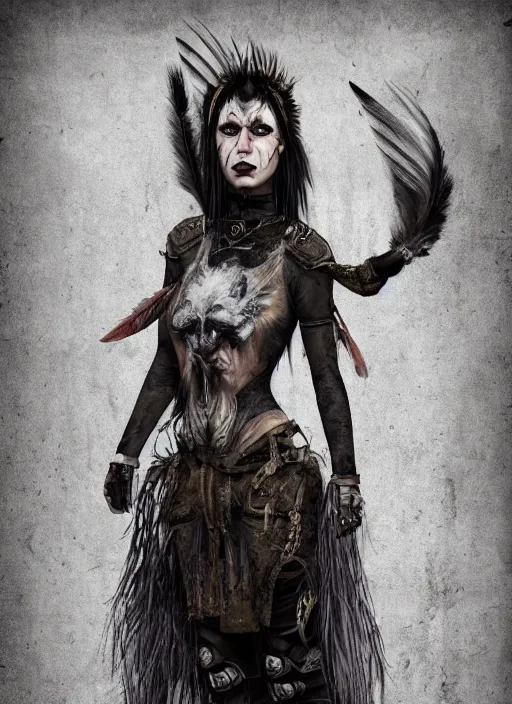 Prompt: digital art of a young woman in dark shamanistic ritual clothing accented by raven feathers, dark makeup, realistic, post apocalyptic, dystopian, high resolution, highly detailed, fallout, raider, 4 k, artstation, dark lighting