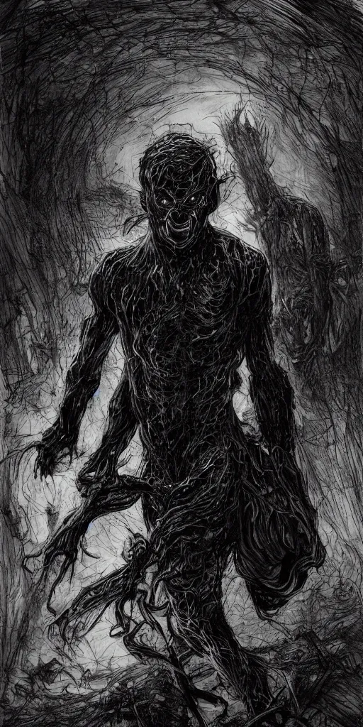 Image similar to concept art of a man with his body covered in burns, with black smoke coming out of his hands, dark colors, sinister atmosphere, dramatic lighting, cinematic, establishing shot, extremely high detail, photo realistic, cinematic lighting, pen and ink, intricate line drawings, by Yoshitaka Amano, Ruan Jia, Kentaro Miura, Artgerm, post processed, concept art, artstation, matte painting, style by eddie mendoza, raphael lacoste, alex ross,