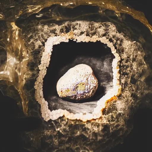 Prompt: photography of a geode with a a small body of an alien skellet inside it