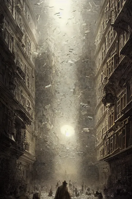 Prompt: breathtaking detailed painting of a city made of pages of paper, buildings covered in flying white pages, the sun shining on people of paper, rembrandt style, elegant, highly detailed, artstation, concept art, matte, sharp focus, art by tom bagshaw, and quentin mabille