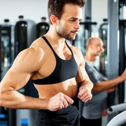 Image similar to muscular scientist thinking about scientific principles while working out at the gym