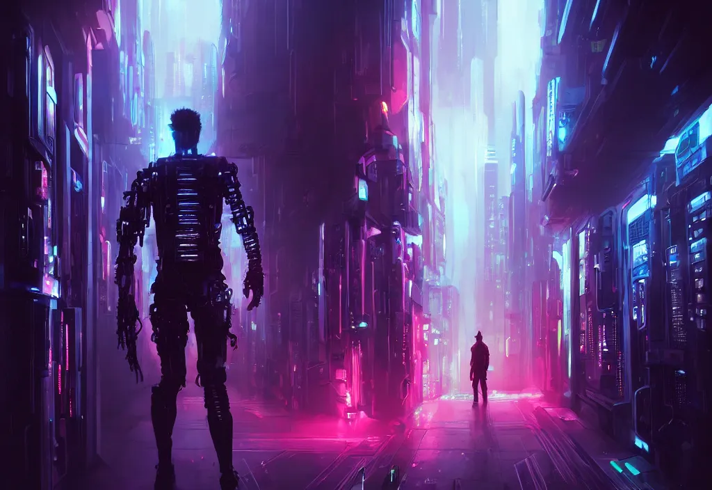 Image similar to art by vincent lefevre, cyberpunk by finnian macmanus, shot of film cyborg walking in server room, character design, altermodern, cityscape, synthwave, matte painting, trending on artstation, volumetric lighting, dramatic lighting