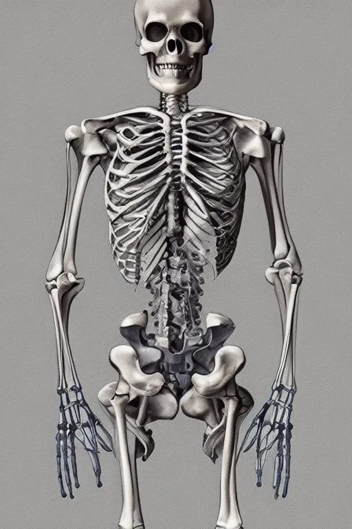 Image similar to anatomical encyclopedia illustration of a human skeleton, photorealistic, diagram, intricate details