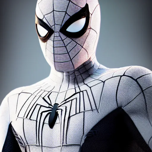 Image similar to white spider - man suit with black web lining, cinematic, volumetric lighting, realistic, hyperdetailed, photorealistic, photograph