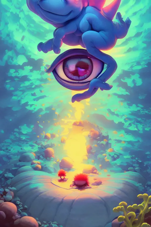 Image similar to smurf ghost creature animal sushi cristal very big eye roots cactus elemental flush of force nature micro world fluo fishscale, behance hd by jesper ejsing, by rhads, makoto shinkai and lois van baarle, ilya kuvshinov, rossdraws radiating a glowing aura global illumination ray tracing hdr