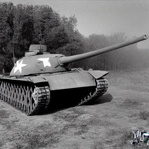 Image similar to historical photograph of a soviet t - 3 4 - 8 5 tank, taken in 1 9 5 0, black and white, soldiers smiling