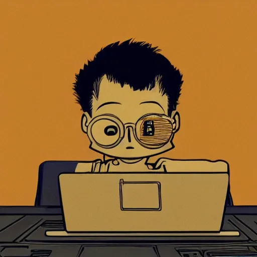 Prompt: illustration of a boy connected to his laptop with wires, highly detailed, by butcher billy, mcbess, rutkowski, james jean, 8 k, photorealistic