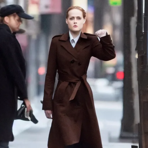 Image similar to movie still of evan rachel wood with dark brown long hair with bangs wearing a trench coat walking in new york city