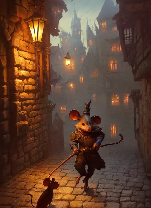 Prompt: Anthropomorphic mouse thief sneaking through a medieval town by night, DnD character, unreal engine, octane render, dramatic lighting, pond, digital art, by Stanley Artgerm Lau, greg rutkowski, thomas kindkade, alphonse mucha, loish, norman Rockwell