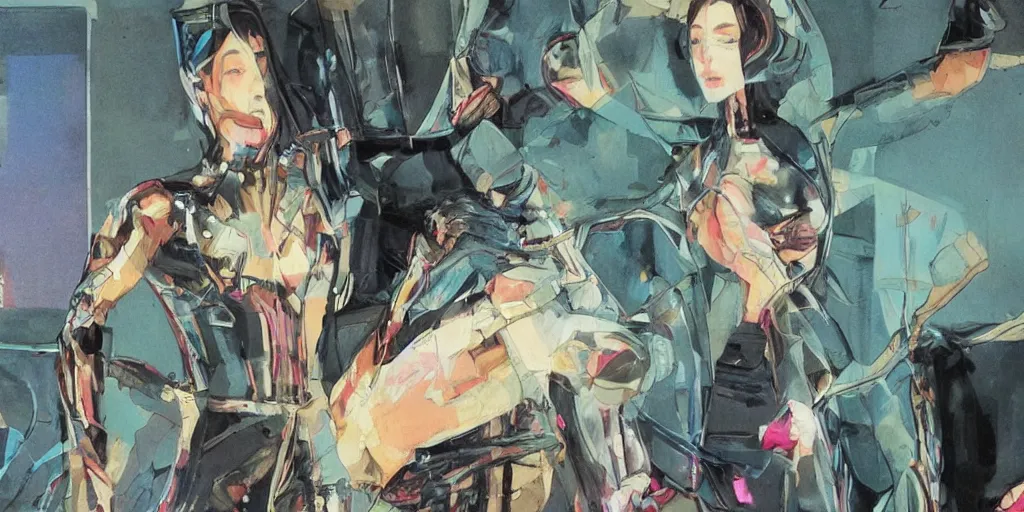 Image similar to a close - up grainy risograph painting of cyberpunk japanese model girl with black eyes and pretty face wearing latex catsuit and lots of transparent and cellophane accessories, blue hour, twilight, by moebius and lehr paul