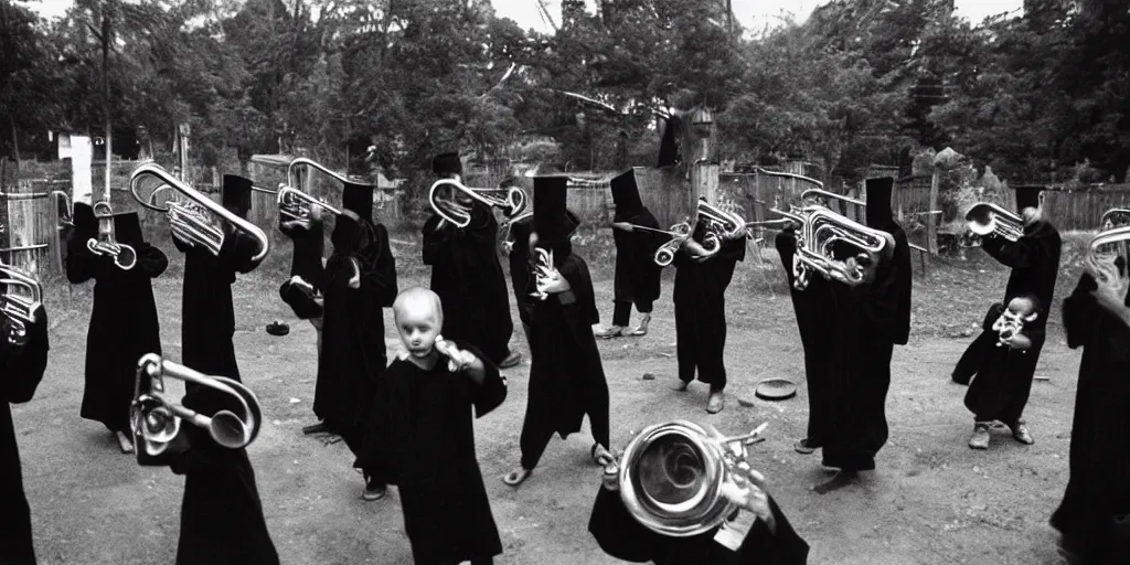 Prompt: children in black robes throwing brass instruments into a pile, frightening, ghastly, photorealistic, old film, 3 5 mm film, found film, scary, ominous, by bruce davidson, on hasselblaad