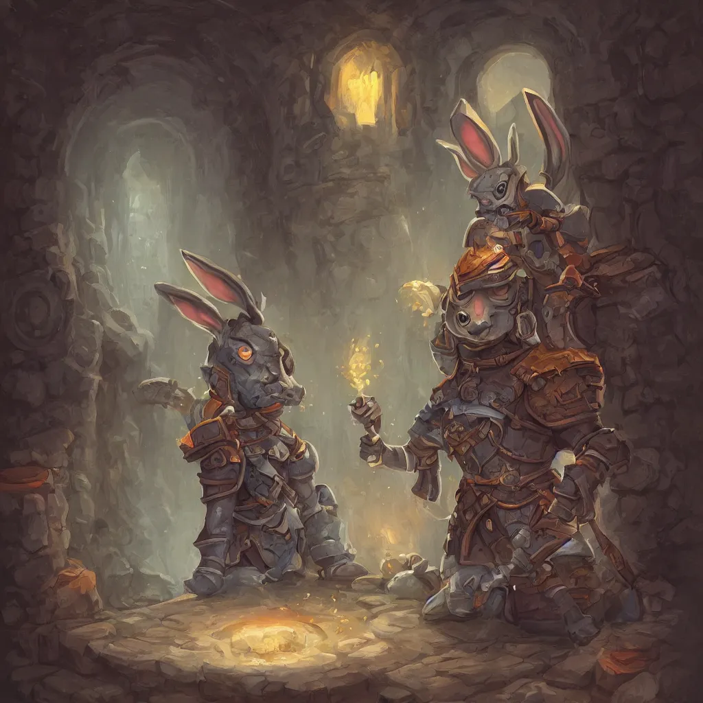 Prompt: Rabbit in Armor sitting in a dungeon, digital painting, hearthstone art