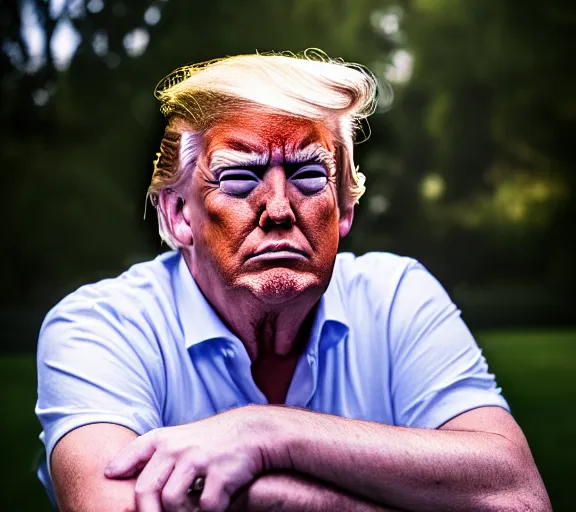 Image similar to award winning 5 5 mm close up portrait photo of trump with a half biomechanical cybernetic face, in a park by luis royo. soft light. sony a 7 r iv