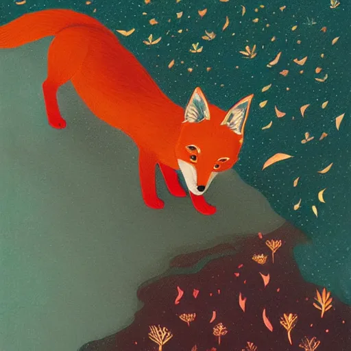 Image similar to little girl dressed as a fox on the prowl oil painting victo ngai