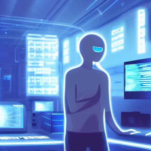 Image similar to prairie dog hacker in a blue-lit room surrounded by computers, highly detailed, trending on pixiv