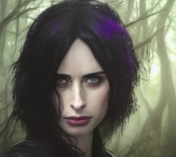 Prompt: 5 5 mm close up portrait photo of krysten ritter as yennefer of vengerberg in black leather armor and black hair and purple eyes, in a forest. magical atmosphere. art by greg rutkowski. lifelike. very detailed 8 k. intricate. soft light. nikon d 8 5 0.