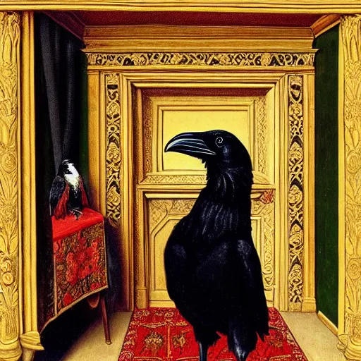 Prompt: a highly detailed painting of a raven, dressed in elegant tudor clothes, inside a room with thick red tapestries, by hans holbein