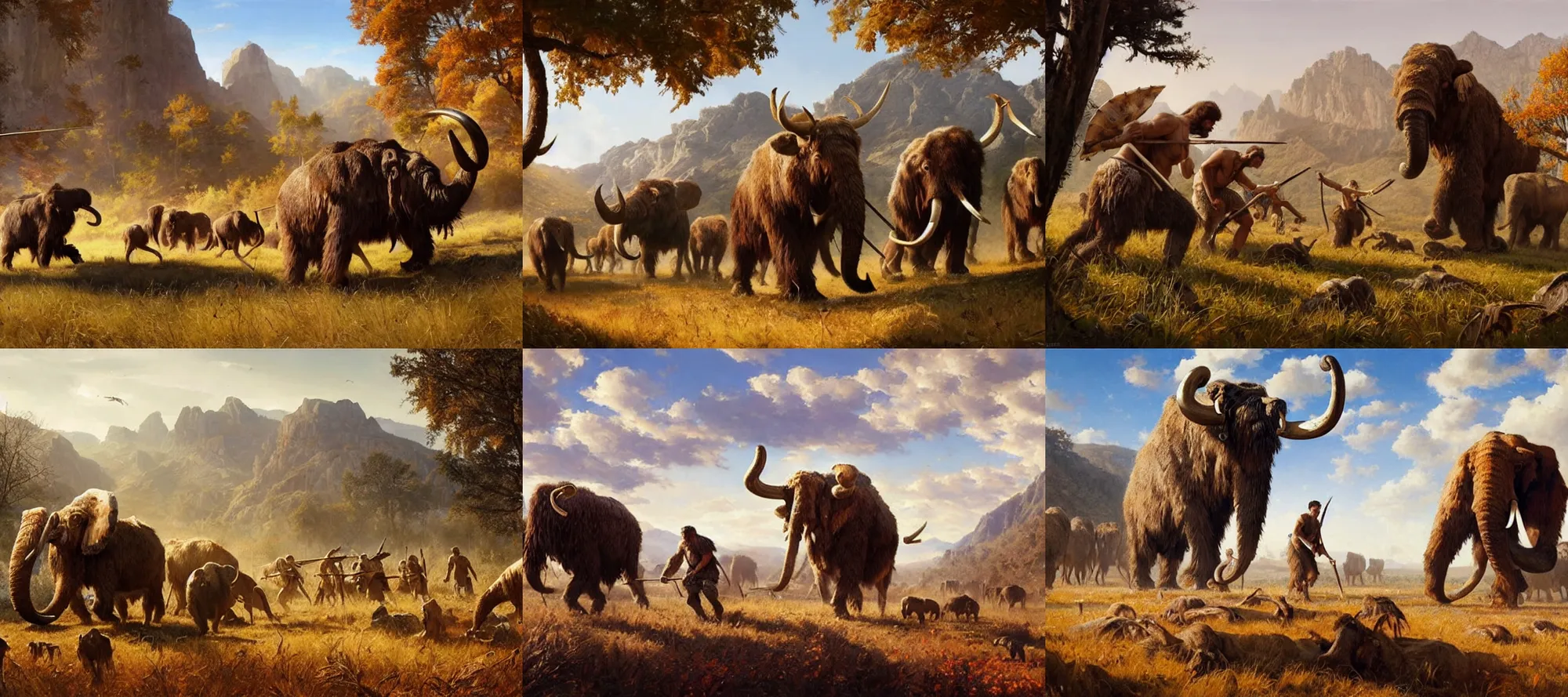 Image similar to epic scene of prehistoric hunter gatherers hunting a wooly mammoth with spears, autumn season, clear and beautiful sunny weather, epic feels, high details, oil painting by greg rutkowski and craig mullins, 8 k