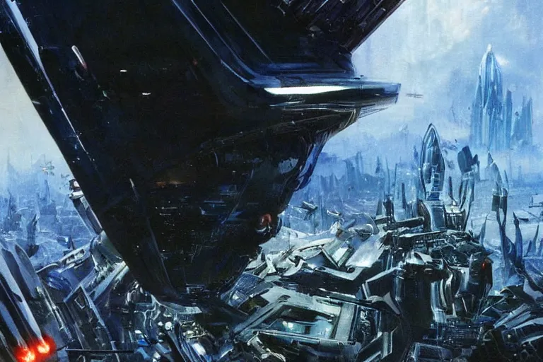 Prompt: a black alien spaceship descending on earth, weird angles, cinematic, shadows, 4 k, detailed, by john berkey!!!!!! and peter jackson and ridley scott and beeple!!! and greg rutowski