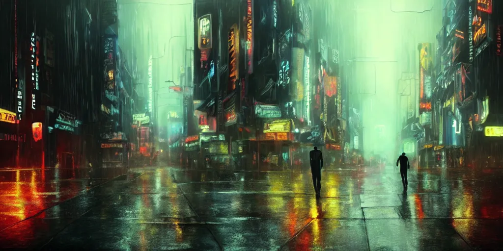 Prompt: digital art of clint eastwood in blade runner movie, posing on a neon rainy vague street in headlights matte painting, 8k resolution, concept art, detailed, photo realism, cgsociety, artstation, behance