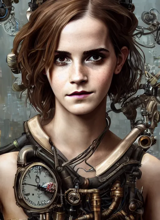 Image similar to steampunk biopunk portrait of emma watson, au naturel, hyper detailed, digital art, trending in artstation, cinematic lighting, studio quality, smooth render, unreal engine 5 rendered, octane rendered, art style by klimt and nixeu and ian sprigger and wlop and krenz cushart.